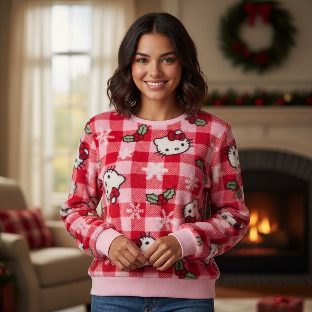 Hello Kitty Girls Xmas Plaid Long Sleeve Plush Pullover Sweatshir…